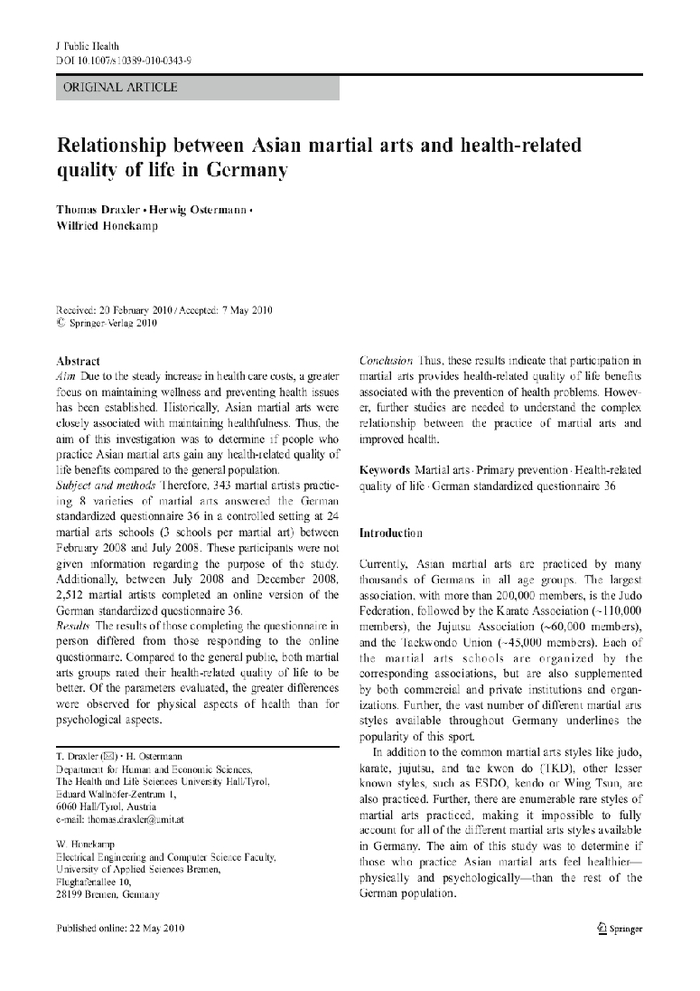 Relationship between Asian martial arts and health-related quality of life in Germany